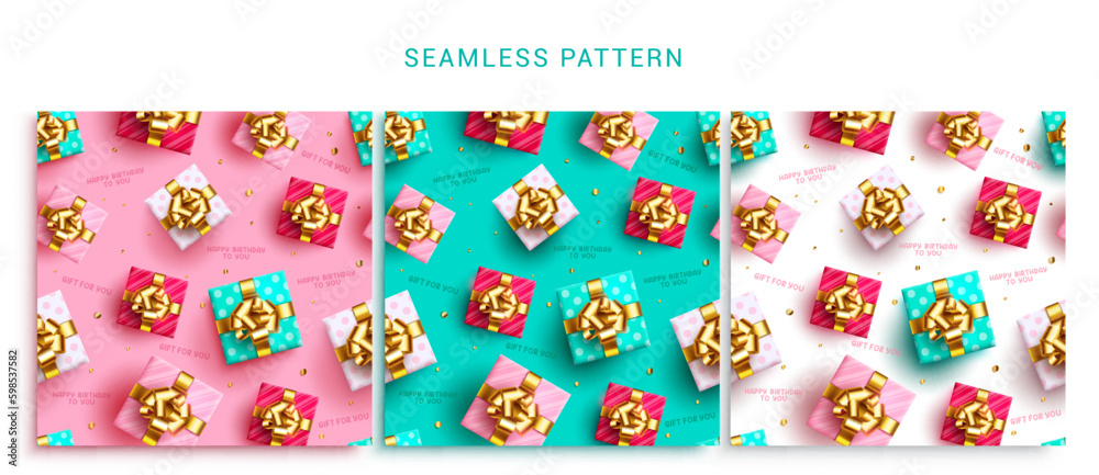 Happy birthday seamless pattern vector set design. Birthday gift with gold ribbon in colorful background. Vector illustration bday lay out collection. Happy birthday seamless pattern vector set design. Birthday gift with gold ribbon in colorful background. Vector illustration bday lay out collection.