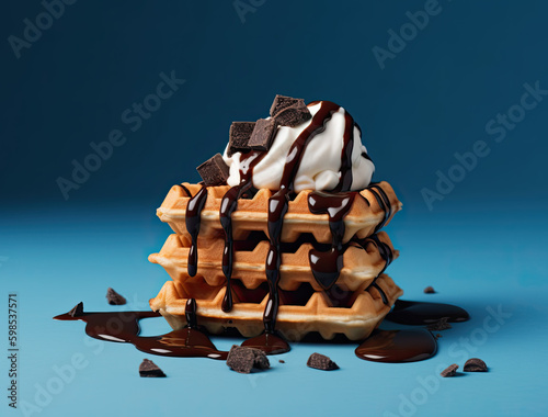 A stack of waffles with chocolate and ice cream on top with blue background. AI generative image.