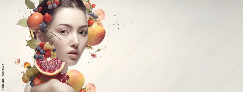 Portrait close up of beautiful chinese girl with fruit and vegetables. Serious young woman with perfect skin and hair. Concept of skincare and beautiful hair. Banner template. Generative Ai