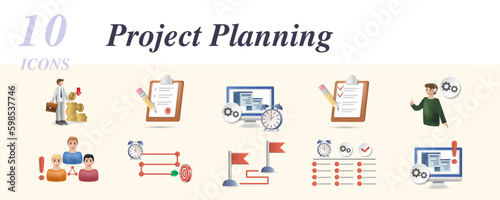 Project planning set. Creative icons: salary, legal documents, workflow, to do list, support agent, project stakeholder, project timeline, milestone, kanban, work in progress.