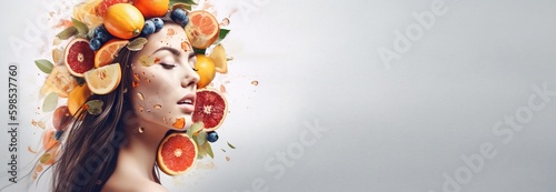 Portrait close up of beautiful girl with fruit and vegetables. Serious young woman with perfect skin and hair. Concept of skincare and beautiful hair. Banner template. Generative Ai