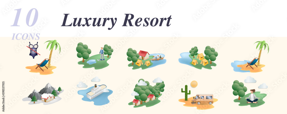 Luxury resort set. Creative icons: clothing optional resort, golf resort, sport camp, camp, beach resort, ski, cruise, forest resort, safari, meditation retreat.