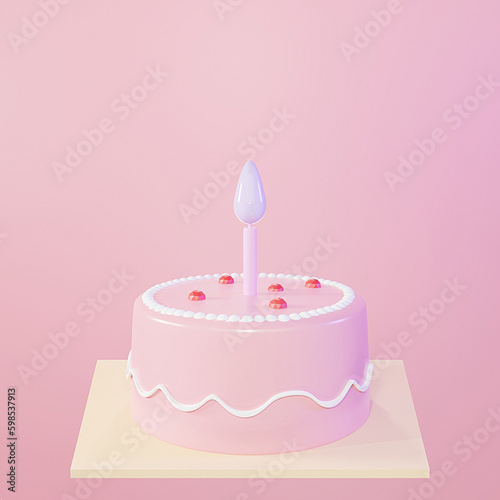 Cute birthday cake 3d rendering pink with a candle, Sweet cake for a surprise birthday, Valentine's Day on a pink background.