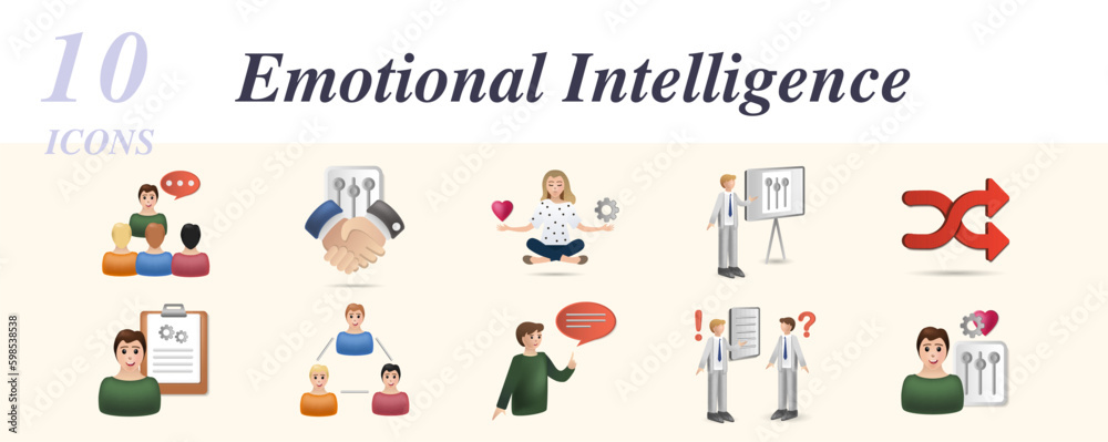 Emotional intelligence set. Creative icons: public speaking, interpersonal skill, stress management, presentation skills, flexibility, critical thinking, organization, storytelling, proposals, soft