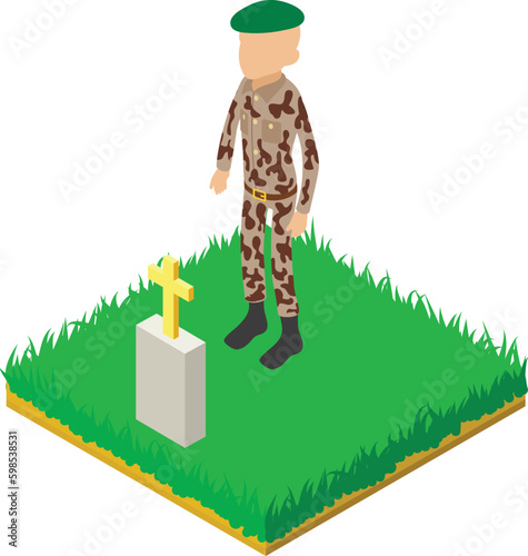 Green beret icon isometric vector. Army sergeant in uniform stand near grave. Military cemetery, remembrance day