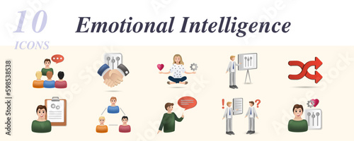Emotional intelligence set. Creative icons: public speaking, interpersonal skill, stress management, presentation skills, flexibility, critical thinking, organization, storytelling, proposals, soft