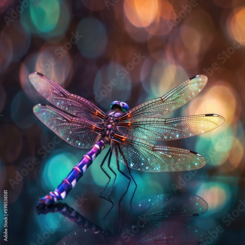 Dragonfly with holographic shine. Close up. Magical fantasy. Purple body. Bokeh lights. Generative ai. 