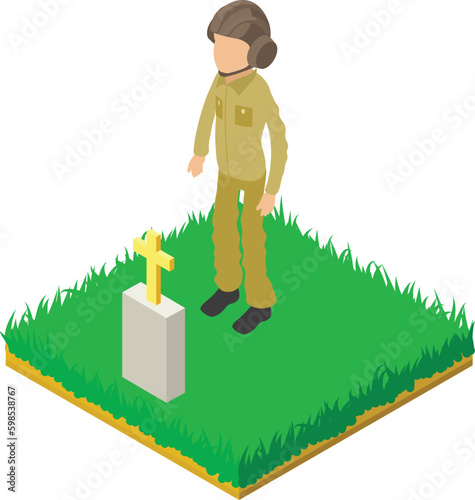 Tankman icon isometric vector. Faceless soldier man stand near friend grave icon. Military cemetery, remembrance day