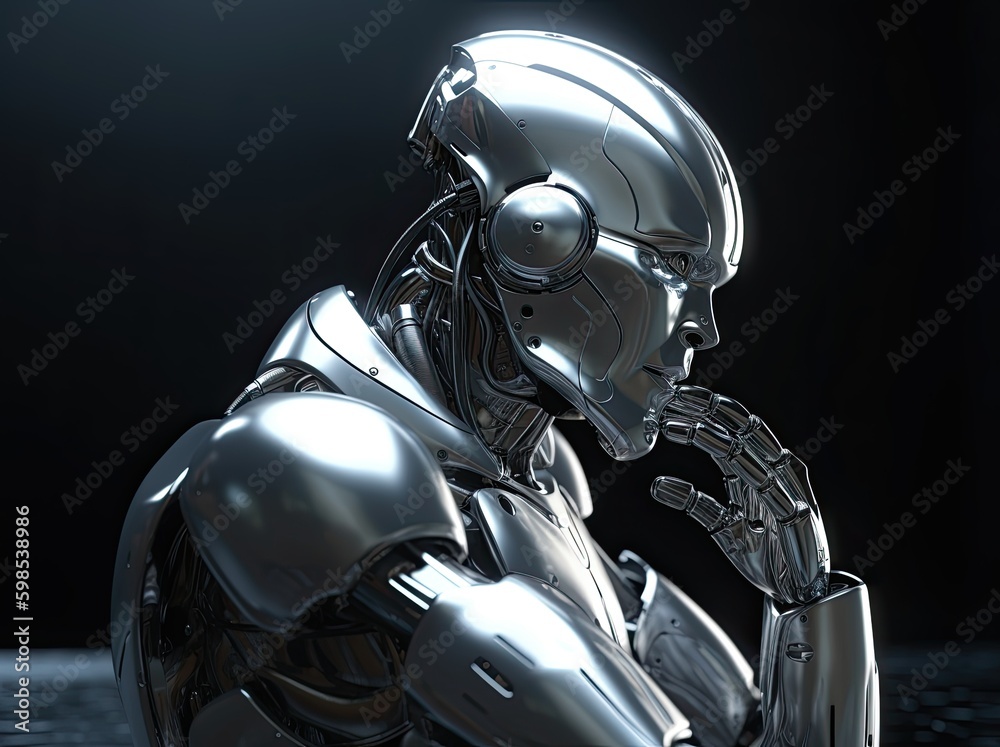 The future is already here. Portrait of humanized robot thinking. Generative AI