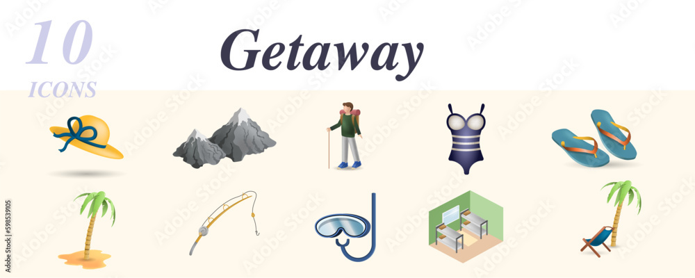 Getaway set. Creative icons: hat, mountains hiking, swimsuit, flip flops, palm trees, fishing, diving, hostel, vacation. Getaway set. Creative icons: hat, mountains hiking, swimsuit, flip flops, palm trees, fishing, diving, hostel, vacation.