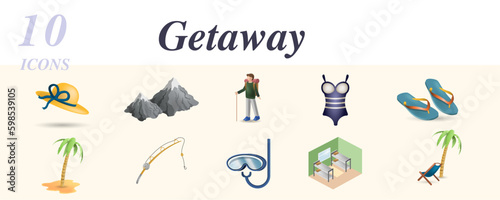 Getaway set. Creative icons  hat  mountains hiking  swimsuit  flip flops  palm trees  fishing  diving  hostel  vacation.