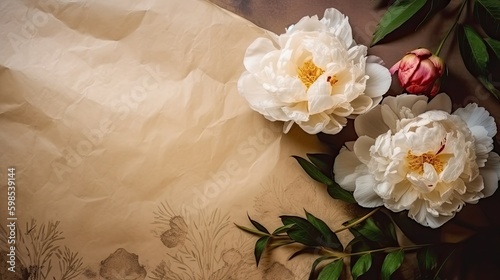 Luxurious old blank parchment paper with delicate peony and copy space. Beautiful abstract background, old look. Generative AI. 