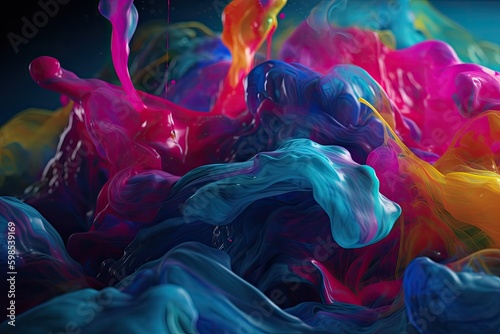 Vibrant background with energetic texture in liquid bright colors, penetration and merging of the mixture into a beautiful colorful whole. Generative AI.