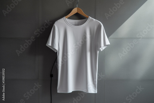 Blank white t-shirt mockup hanging on a hanger. Generative AI	