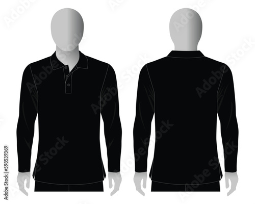 Blank Black Long Sleeve Polo Shirt Template On White Background.Front And Back View, Vector File.
