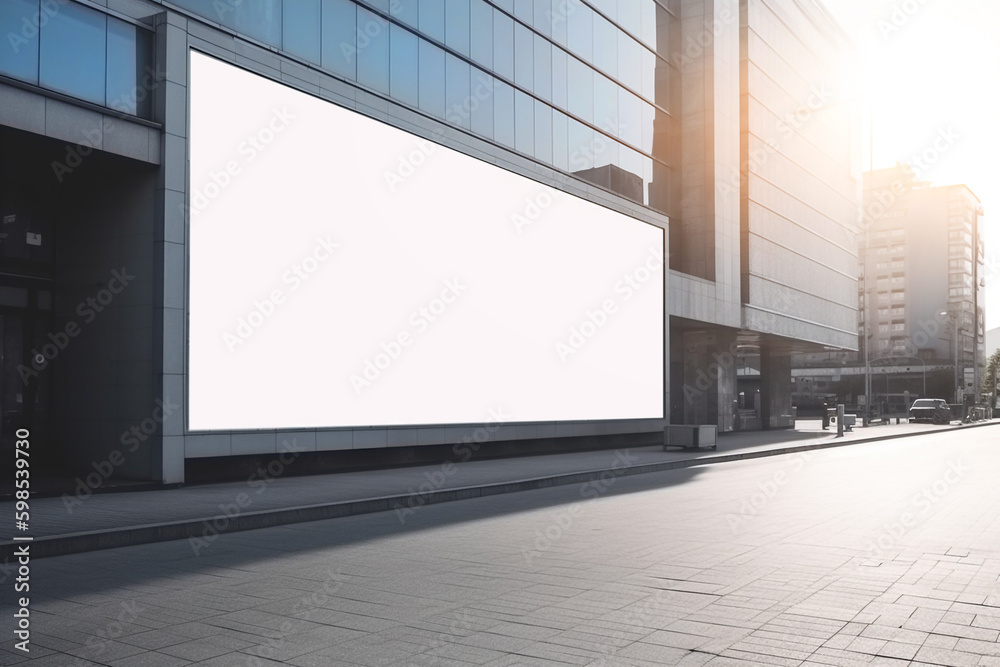 empty white advertising banner mockup in the city street. Generative AI empty white advertising banner mockup in the city street. Generative AI