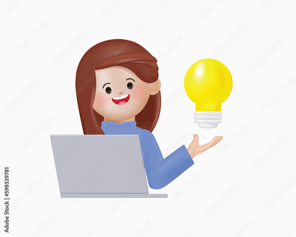 Idea of businesswoman with lamp on hand holding in background. 3d bulb vector render for finance, investment, light bulb in hand like idea make earning concept