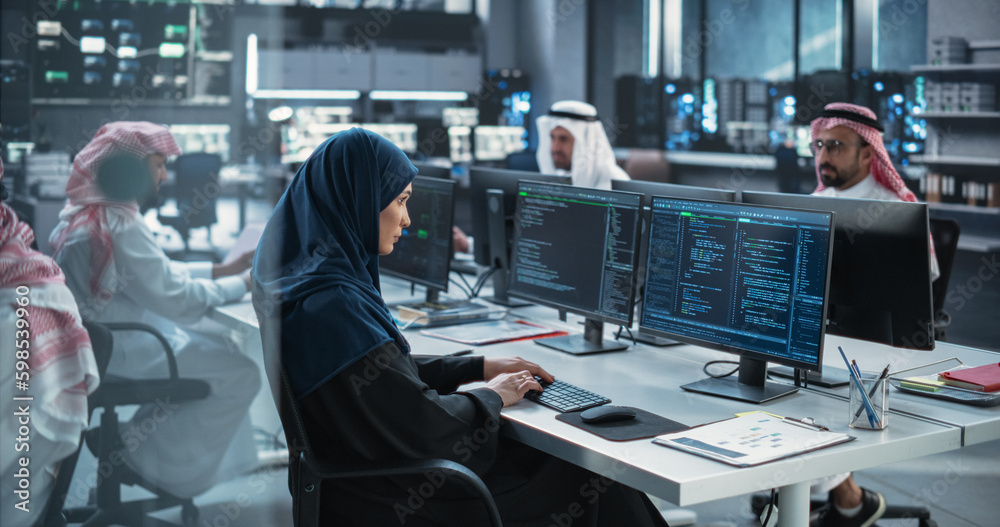 Group of Multicultural Middle Eastern Men and Women Working in Research Center, Collaborating and Discussing a Project, Using Computers to Write Software Code, Develop Artificial Intelligence Service