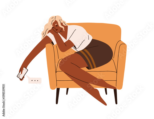 Sad girl waiting for message, phone call. Tired woman holding smartphone, expecting response in internet chat. Texting, correspondence concept. Flat vector illustration isolated on white background