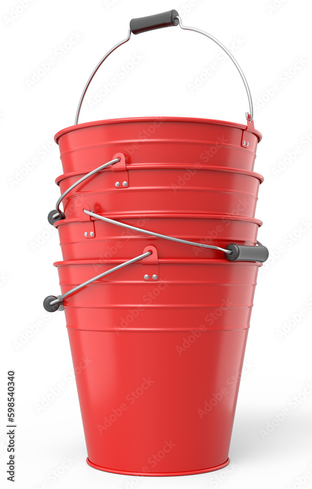 Set of metal garden buckets for hydration of plants isolated on white background Set of metal garden buckets for hydration of plants isolated on white background