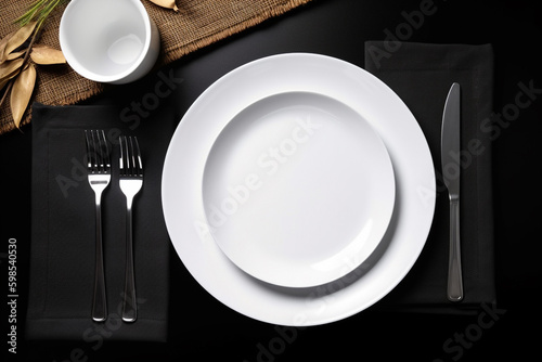 Empty white plate mockup on table. Generative AI	