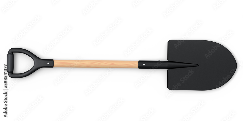 Garden shovel with wooden handle on white background, summer camping concept