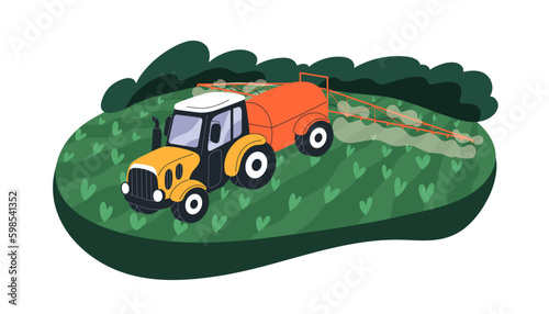 Agriculture machine fertilizing farm land, soil. Tractor spraying fertilizer on agricultural ground, farmland. Crop irrigation, cultivation. Flat vector illustration isolated on white background