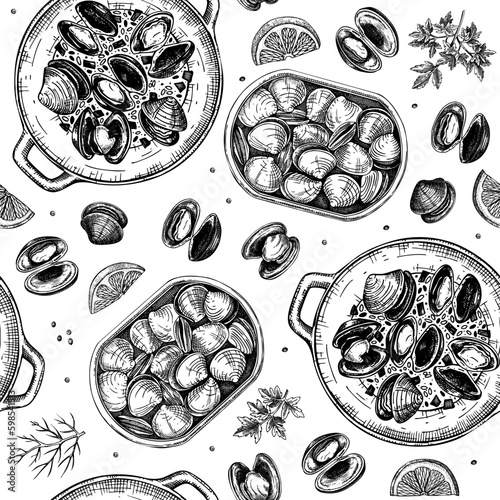 Hand drawn cooked clam shells with herbs seamless pattern Fototapet