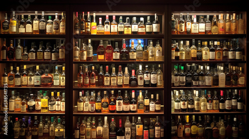 Liquor Store: Variety of Hard Liquor Brands Full Frame. Generative AI
