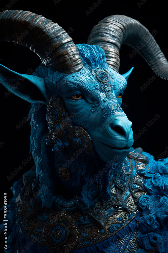 A blue goat with horns. Horror, evil, demon, hell. Generative AI