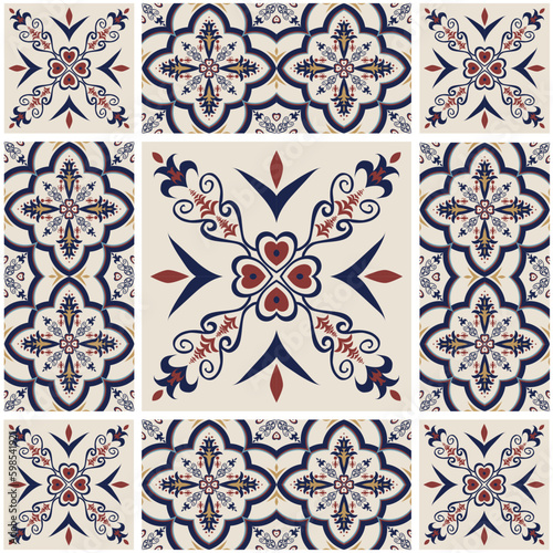 Colorful patchwork tiles floral pattern Arabic style. Vector ethnic colorful Moroccan, Portuguese tiles seamless pattern. Peranakan tile pattern use for home interior flooring decoration elements.