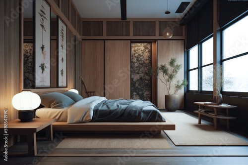 Bedroom for home interior architecture with Japan style, Traditional, Minimalistic with a focus on natural materials and textures © ktianngoen0128