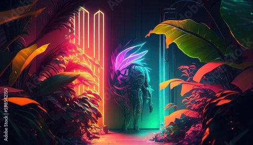 Futuristic jungle in neon cyberpunk style by Generative AI © sonatik