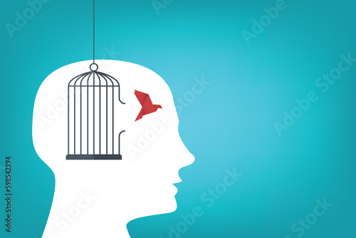Flying bird and cage. Freedom. Free your mind concept. Emotion of freedom and happiness. Minimalist style.