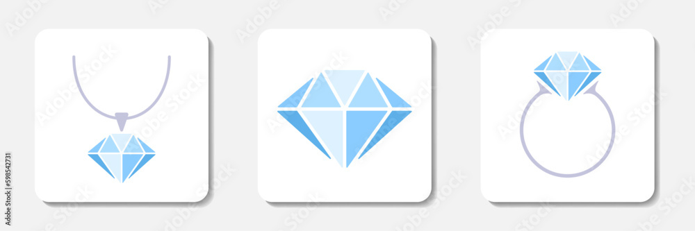 Jewelry flat icons collection. Stylized blue brilliant, pendant and ring on white background. Best for web, print, logo creating and branding design. Jewelry flat icons collection. Stylized blue brilliant, pendant and ring on white background. Best for web, print, logo creating and branding design.