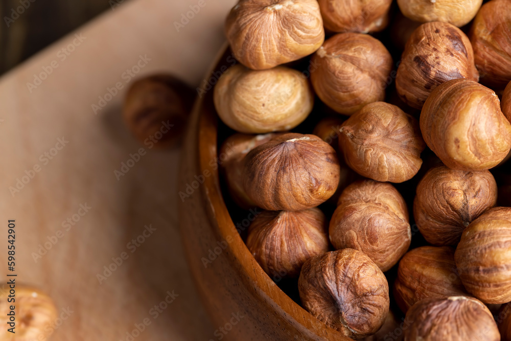 Peeled hazelnuts during cooking, close-up of freshly picked hazelnuts in the kitchen Peeled hazelnuts during cooking, close-up of freshly picked hazelnuts in the kitchen