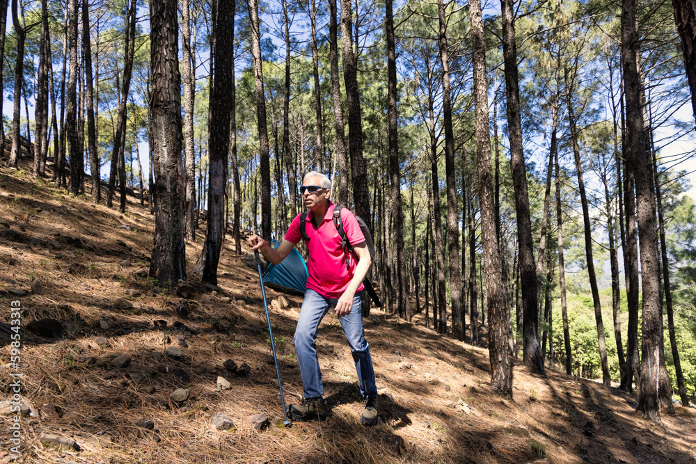 Senior man using hiking poles on a hike