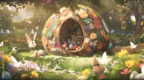 A Beautifully Decorated Easter Nest multi color in a Stunning Garden Setting by Generative AI