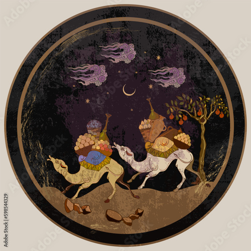 Middle East. Fairy tales and legends. Ancient civilization murals. Persian frescoes. Medieval miniature. Mughal art. Ottoman Empire book miniature. Thousand and One Nights