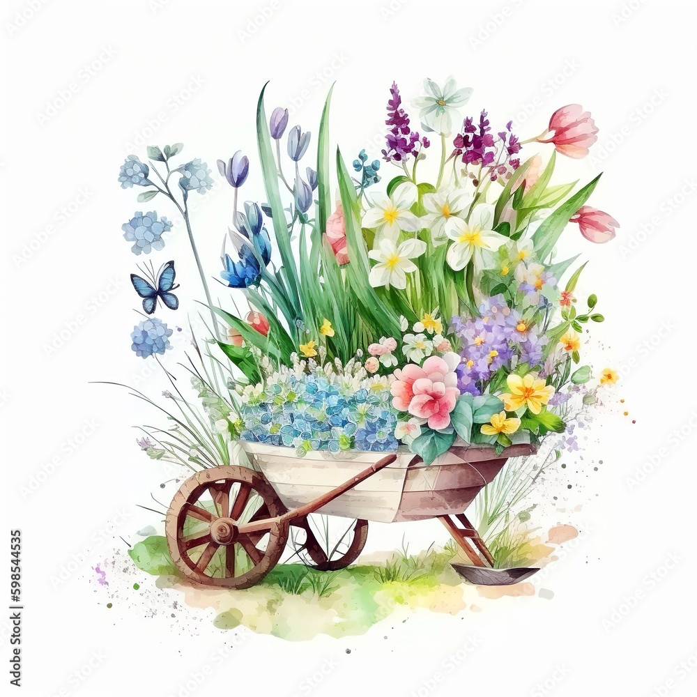 Wooden wheelbarrow in the grass of garden full Pretty flower with Leaves, peonies, daffodils, hyacinth and Butterfly isolated on white background, Generative AI
