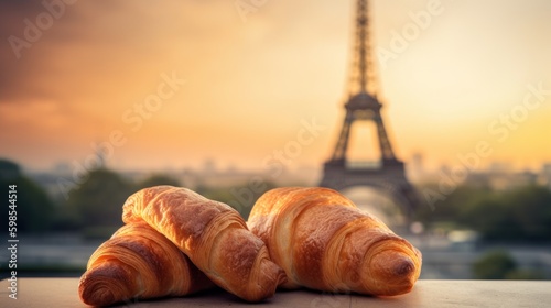 Fresh croissants on table in front of Eiffel tower in Paris, France. Generative AI