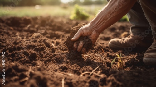 Farmer planting a seedling in the soil. Selective focus. nature. Generative AI