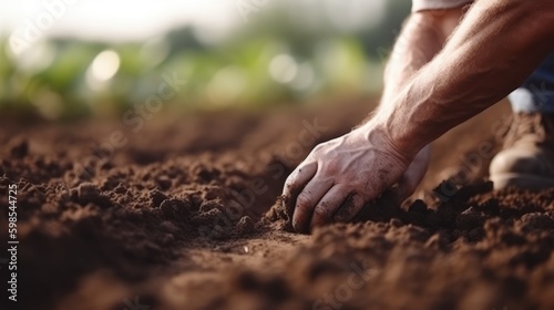 Farmer planting seedlings in the ground, close-up. Generative AI