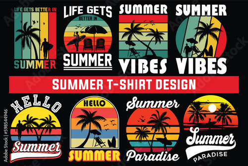 Summer t-shirt design bundle, summer beach vacation t-shirts, summer surfing t-shirt vector design