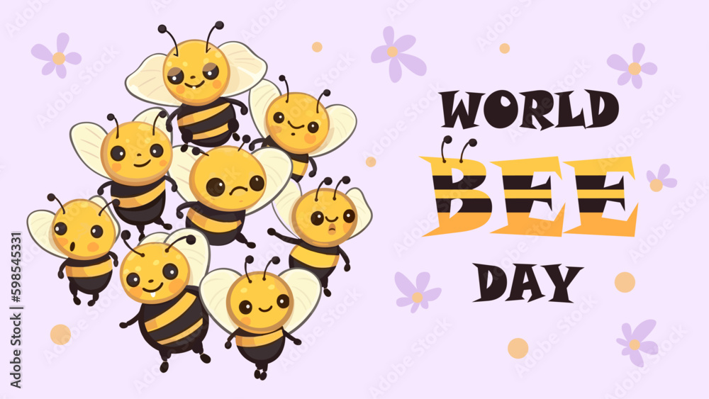 Obraz premium Banner for World Bee Day, 20 May. Cute bees, cartoon style.
