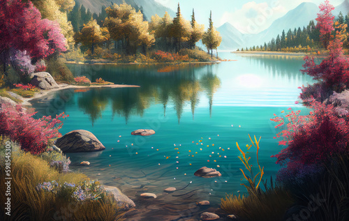 A Tranquil Lake  Cradled by Nature s Palette of Beautiful Colors  as Vibrant Flowers Paint the Water landscape with Their Mesmerizing Beauty and Fragrant Whispers - AI Generated