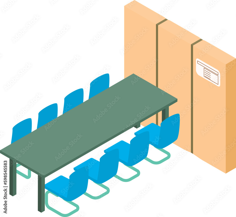Fototapeta premium Conference furniture icon isometric vector. Office furniture and big parcel box. Equipment, delivery concept