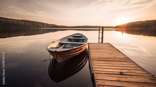 Ein boot am Steg im See, Urlaub, Entspannen, generative AI photo