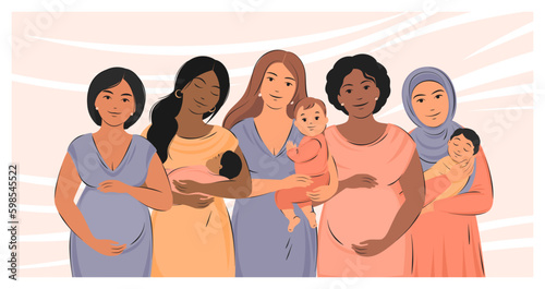 Banner about pregnancy, breastfeeding and motherhood. Group of pregnant women and women with children. World Breastfeeding Week. Vector illustration