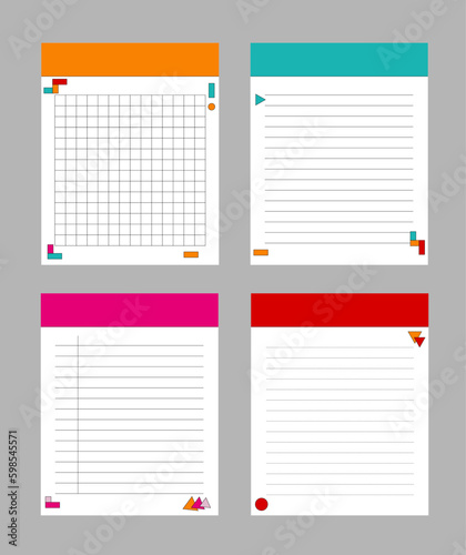 Notes paper sheet. Printable memo template. Vector illustration of the colorful notepad template planner, memo, sticky note and reminder. 